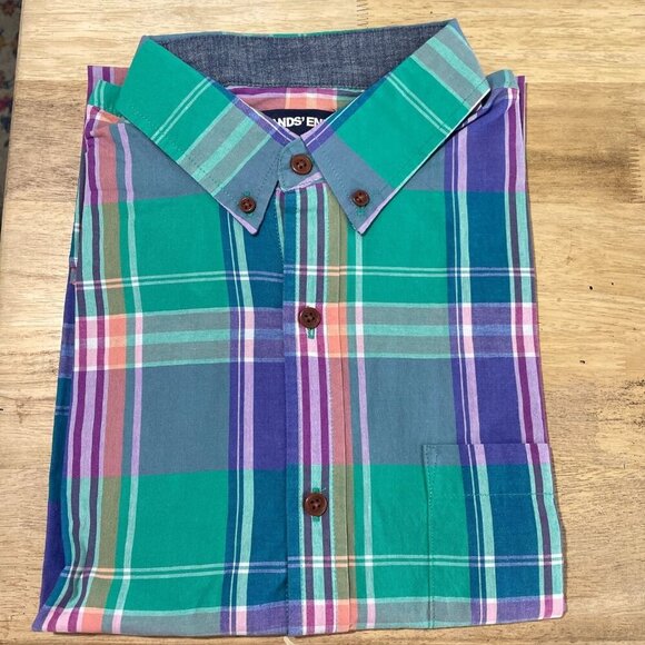 NWOT Lands' End Men's L Tailored Fit Short Sleeve Plaid Button-Down Multi - Picture 8 of 9